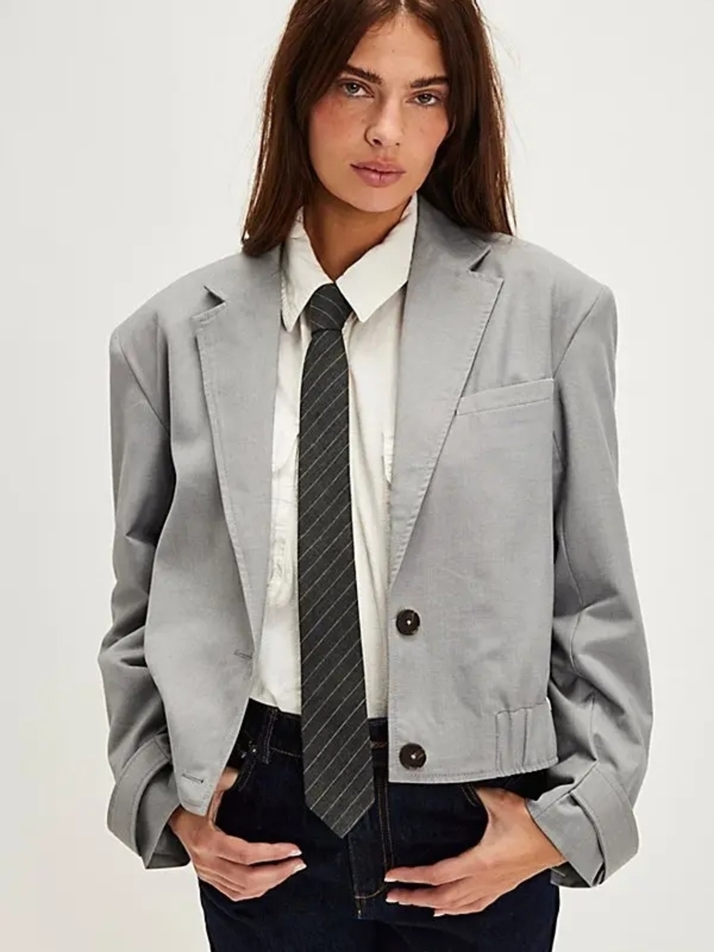 Free People Cropped Light Gray Blazer Jacket